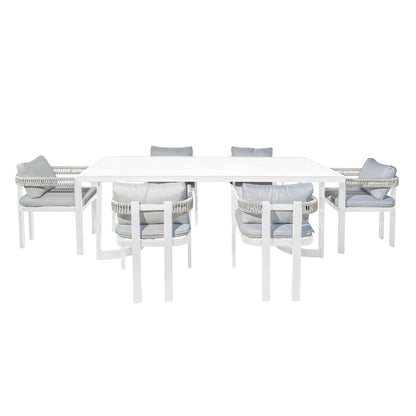 Tavari 6-Seater Aluminium Outdoor Dining Set in Light Grey features a sleek white table with six chairs, showcasing woven rope detailing and cushioned seating, perfect for modern patio gatherings.