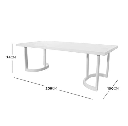 Tavari 6-Seater Aluminium Outdoor Dining Set in Light Grey features a modern white rectangular table with two semi-circular “U”-shaped legs, perfect for stylish and durable outdoor gatherings.