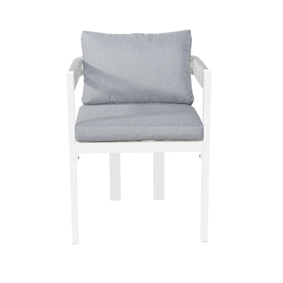 Tavari 6-Seater Aluminium Outdoor Dining Set in Light Grey: Features a white-painted frame armchair with light-gray cushions, exemplifying modern outdoor elegance and comfort for gatherings.