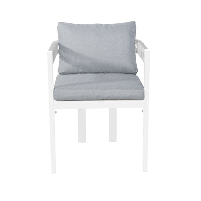 Tavari 6-Seater Aluminium Outdoor Dining Set in Light Grey: Features a white-painted frame armchair with light-gray cushions, exemplifying modern outdoor elegance and comfort for gatherings.