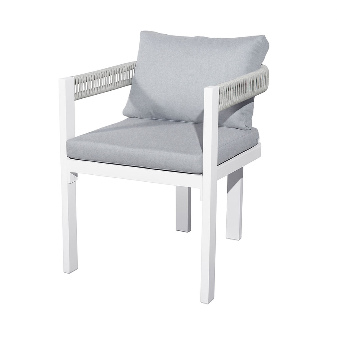 Tavari 6-Seater Aluminium Outdoor Dining Set in Light Grey features a modern armchair with a slim white metal frame and light rope-wrapped armrests, complemented by thick light-gray seat and back cushions.