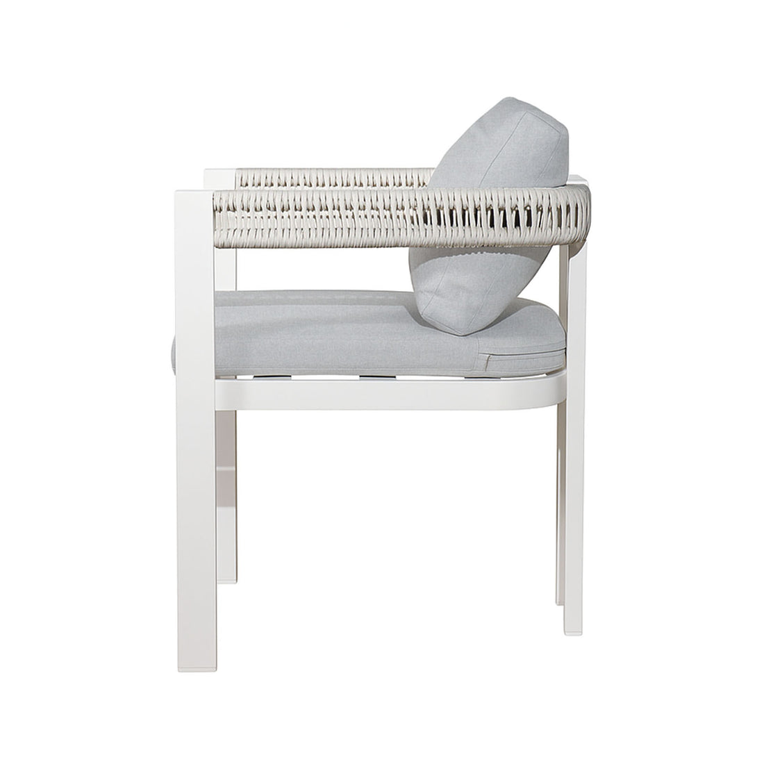 Tavari 6-Seater Aluminium Outdoor Dining Set in Light Grey, featuring a sleek white metal frame, woven rope detailing, and light-gray cushions, exemplifies modern outdoor comfort and style.