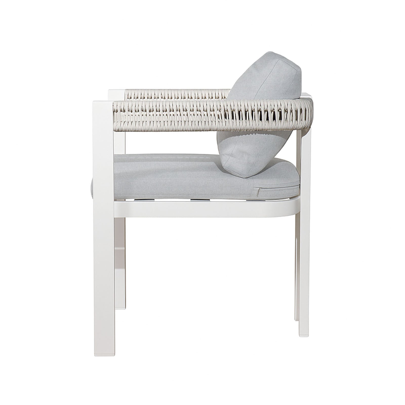 Tavari 6-Seater Aluminium Outdoor Dining Set in Light Grey, featuring a sleek white metal frame, woven rope detailing, and light-gray cushions, exemplifies modern outdoor comfort and style.