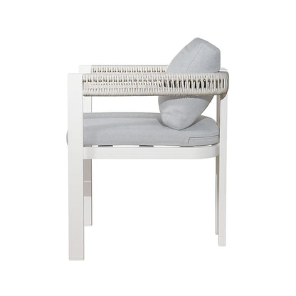 Tavari 6-Seater Aluminium Outdoor Dining Set in Light Grey, featuring a sleek white metal frame, woven rope detailing, and light-gray cushions, exemplifies modern outdoor comfort and style.