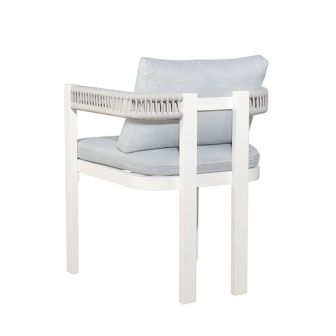 Tavari 6-Seater Aluminium Outdoor Dining Set in Light Grey featuring a modern-style chair with a white metal frame, light-beige rope accents, and pale gray upholstered cushions, designed for stylish lounging.