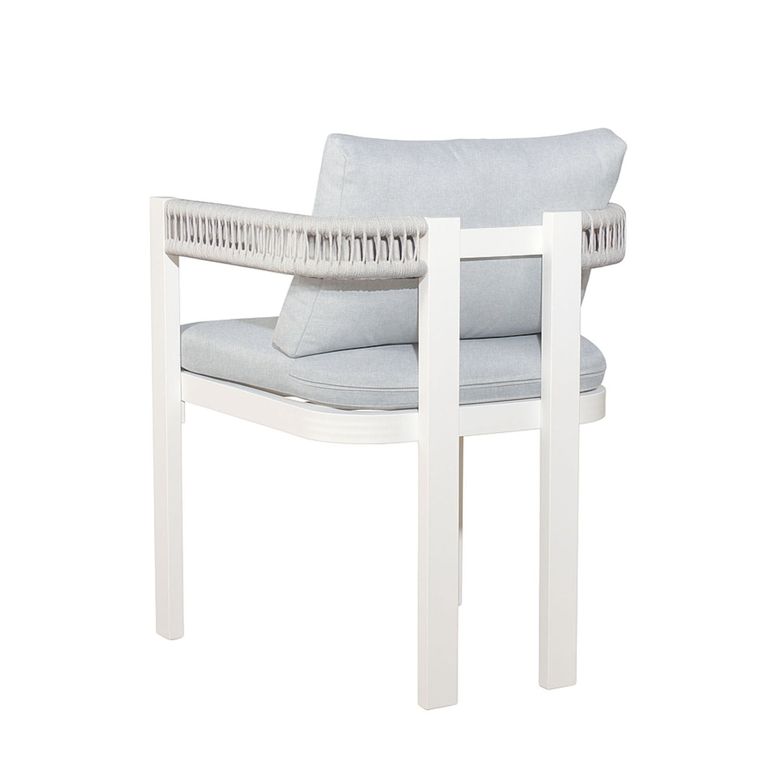 Tavari 6-Seater Aluminium Outdoor Dining Set in Light Grey featuring a modern-style chair with a white metal frame, light-beige rope accents, and pale gray upholstered cushions, designed for stylish lounging.