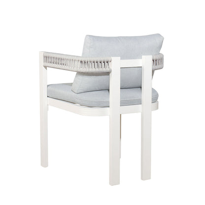 Tavari 6-Seater Aluminium Outdoor Dining Set in Light Grey featuring a modern-style chair with a white metal frame, light-beige rope accents, and pale gray upholstered cushions, designed for stylish lounging.