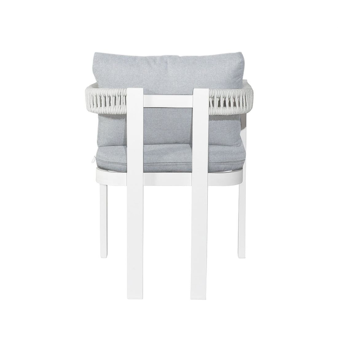 Rear view of Tavari 6-Seater Aluminium Outdoor Dining Set in Light Grey, featuring a white-painted frame, grey upholstered cushions, and a woven rope-style band around the backrest.