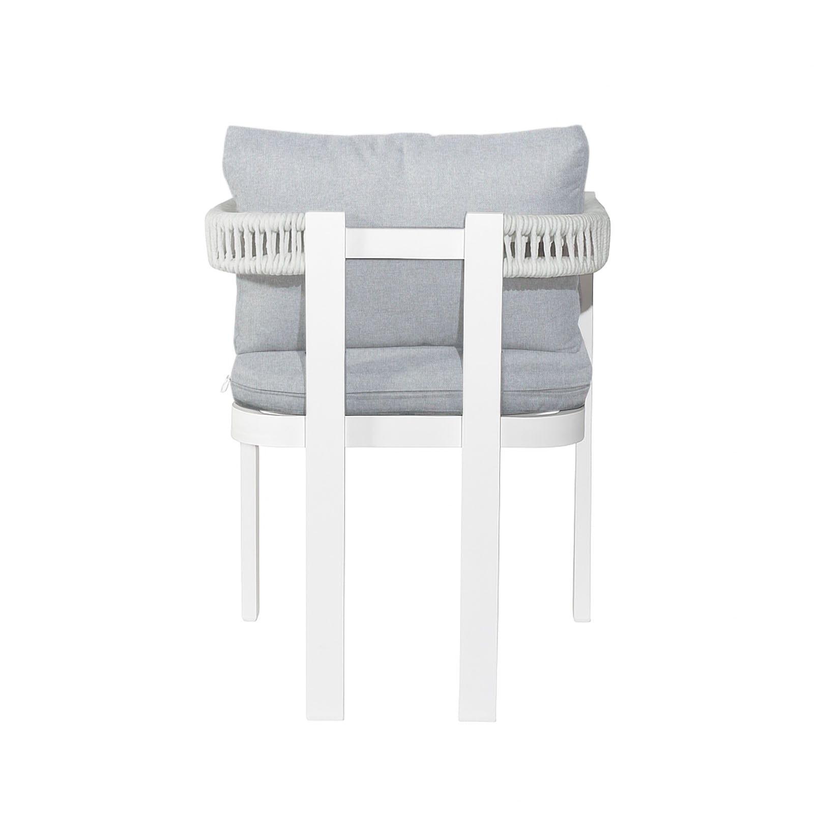 Rear view of Tavari 6-Seater Aluminium Outdoor Dining Set in Light Grey, featuring a white-painted frame, grey upholstered cushions, and a woven rope-style band around the backrest.