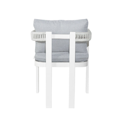 Rear view of Tavari 6-Seater Aluminium Outdoor Dining Set in Light Grey, featuring a white-painted frame, grey upholstered cushions, and a woven rope-style band around the backrest.