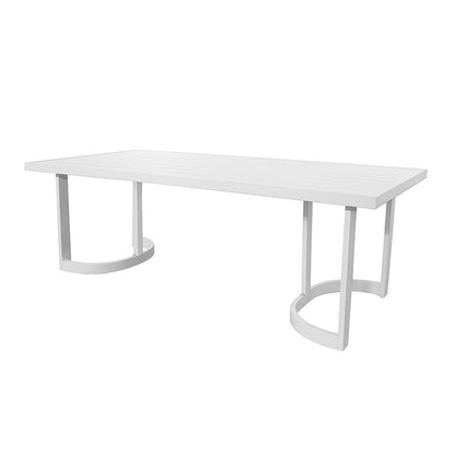 Tavari 6-Seater Aluminium Outdoor Dining Set in Light Grey features a modern white table with a slatted top, two U-shaped metal legs, offering a sleek, minimalist design for outdoor gatherings.