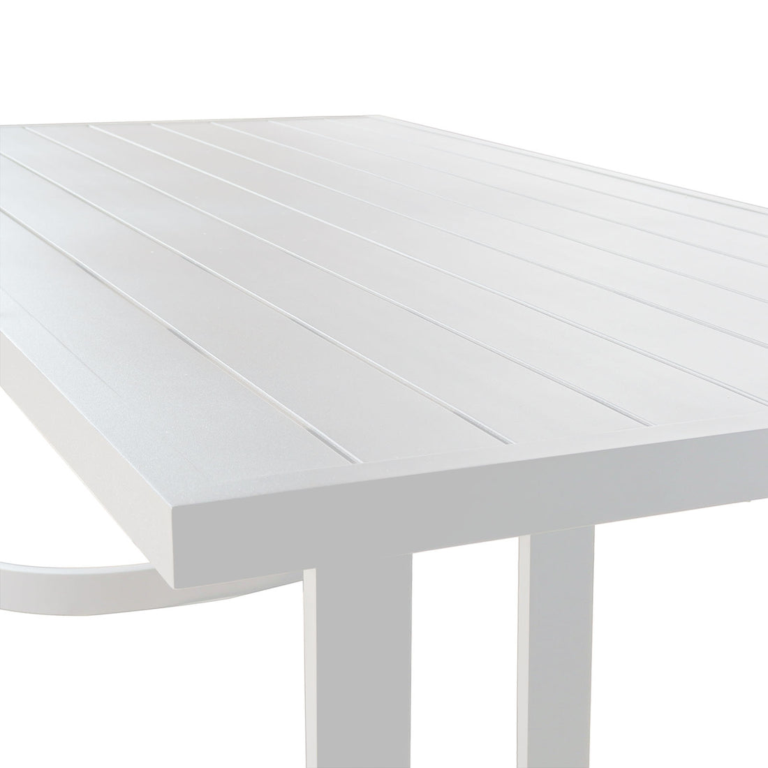 Close-up of Tavari 6-Seater Aluminium Outdoor Dining Set in Light Grey, showcasing the corner of a slatted tabletop with supporting legs, highlighting its modern design and sturdy aluminium build.