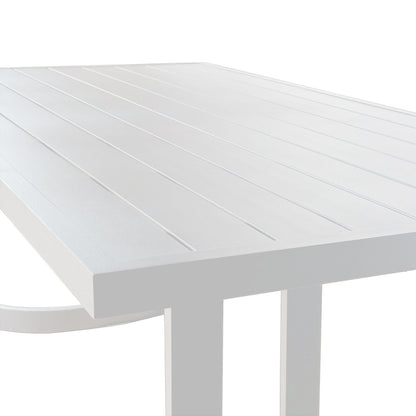 Close-up of Tavari 6-Seater Aluminium Outdoor Dining Set in Light Grey, showcasing the corner of a slatted tabletop with supporting legs, highlighting its modern design and sturdy aluminium build.