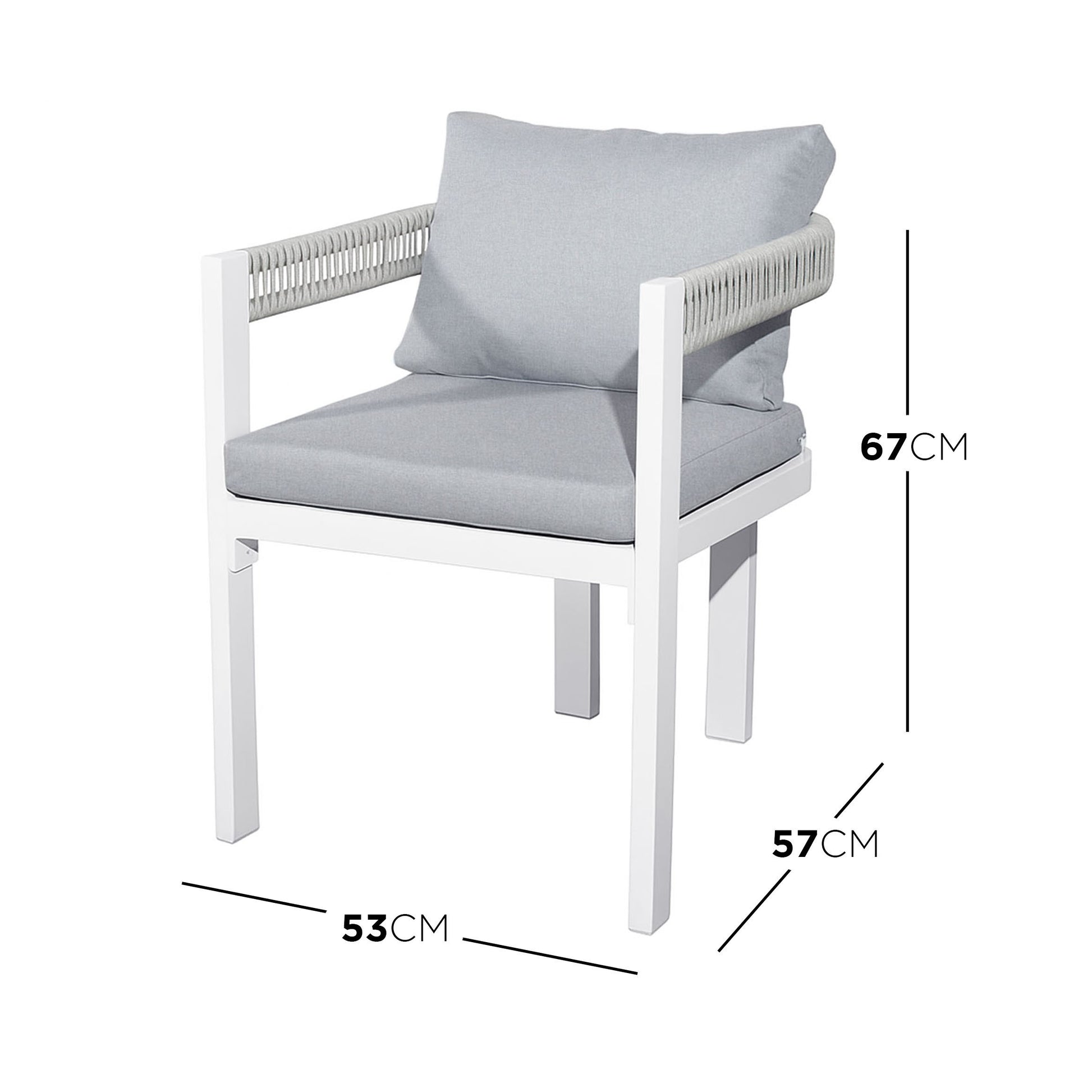 Tavari 6-Seater Aluminium Outdoor Dining Set in Light Grey features a modern armchair with a white metal frame, light-gray cushions, woven rope detailing on armrests, and annotated dimensions against a white background.