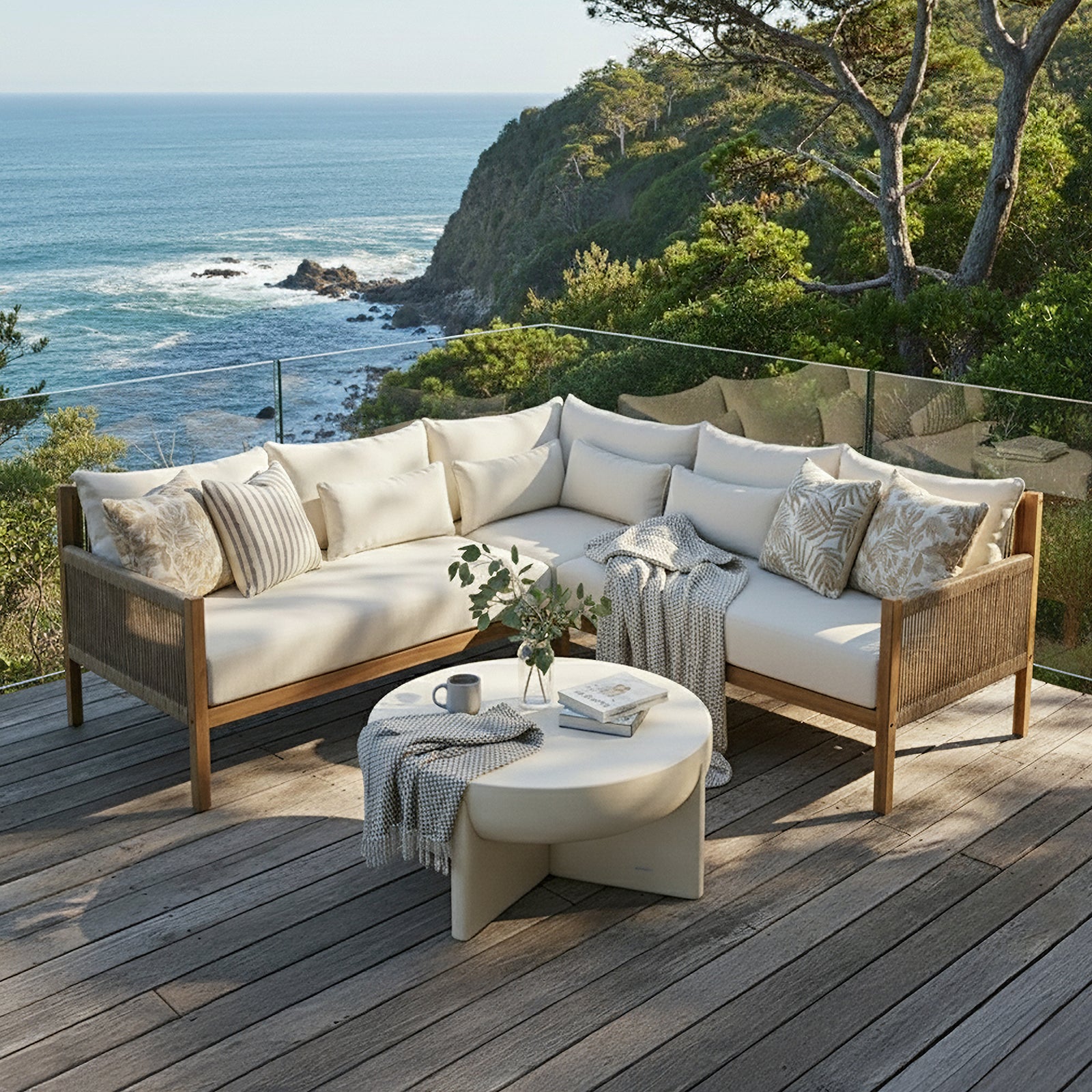 Tavi 5 Seater Solid Timber L Shape Outdoor Sofa in Beige features a teak-like frame with off-white cushions, accented by various throw pillows and a knit throw, set against a coastal backdrop.