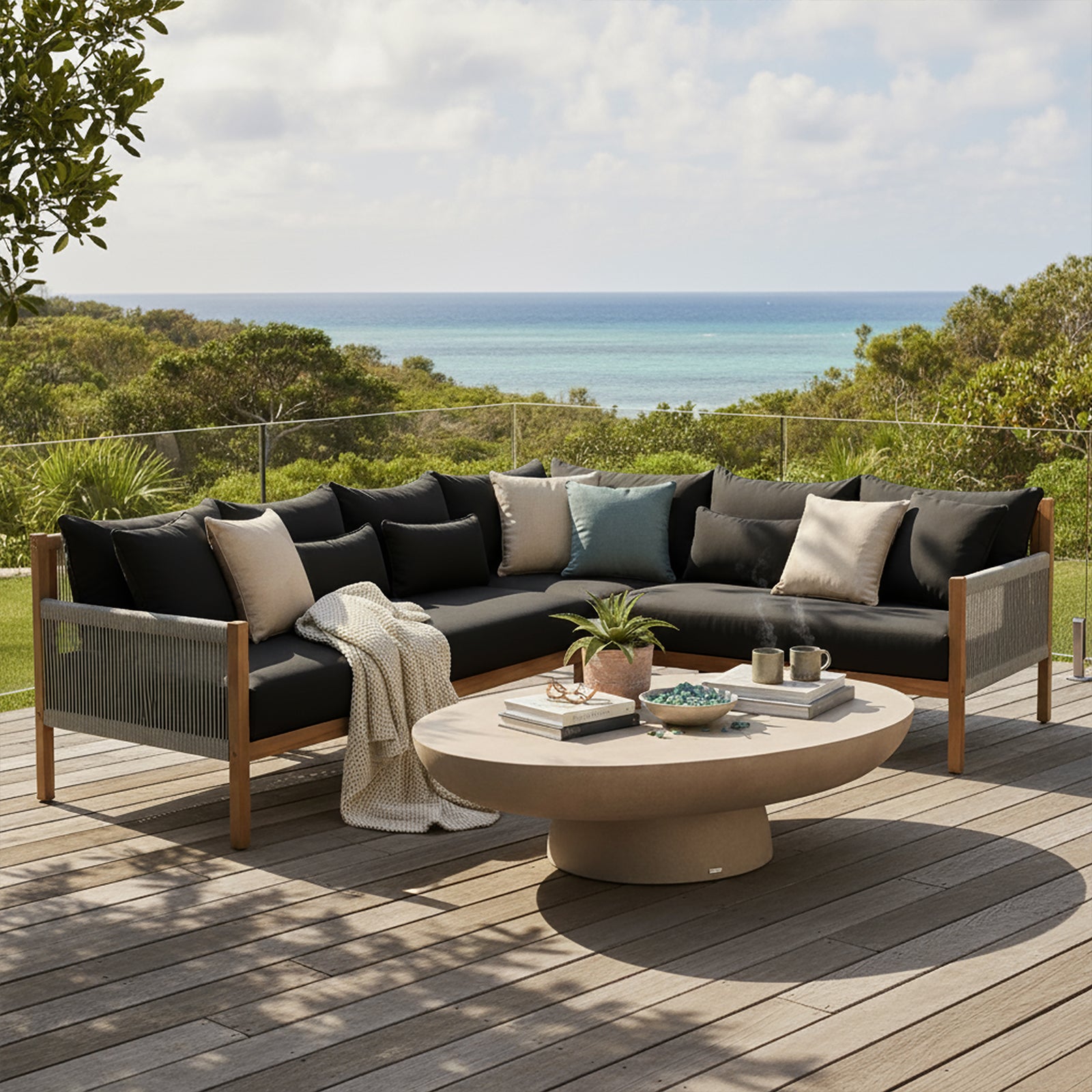 Tavi 5 Seater Solid Timber L Shape Outdoor Sofa with woven rope sides, deep cushions, and throw pillows on a seaside deck, accompanied by a stone-look coffee table with decor items.