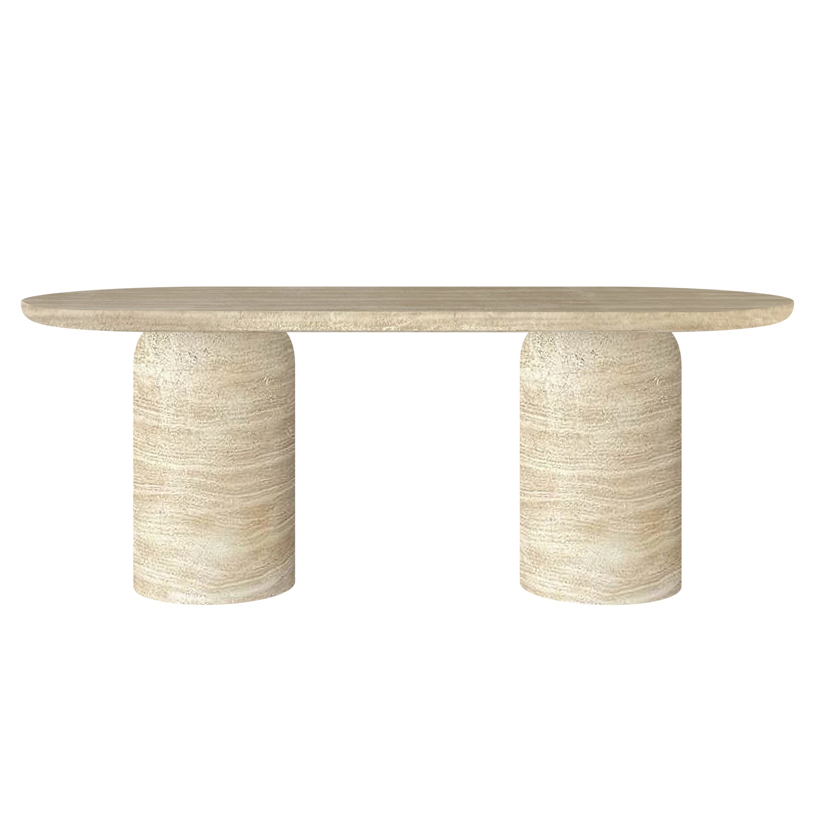 Tierre 200cm Concrete Indoor/Outdoor Dining Table in Beige, featuring a minimalist pill-shaped travertine top and two cylindrical pedestals, suitable for stylish indoor and sheltered outdoor settings.