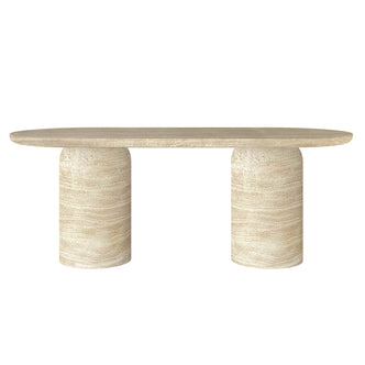 Tierre 200cm Concrete Indoor/Outdoor Dining Table in Beige, featuring a minimalist pill-shaped travertine top and two cylindrical pedestals, suitable for stylish indoor and sheltered outdoor settings.