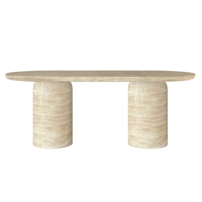 Tierre 200cm Concrete Indoor/Outdoor Dining Table in Beige, featuring a minimalist pill-shaped travertine top and two cylindrical pedestals, suitable for stylish indoor and sheltered outdoor settings.