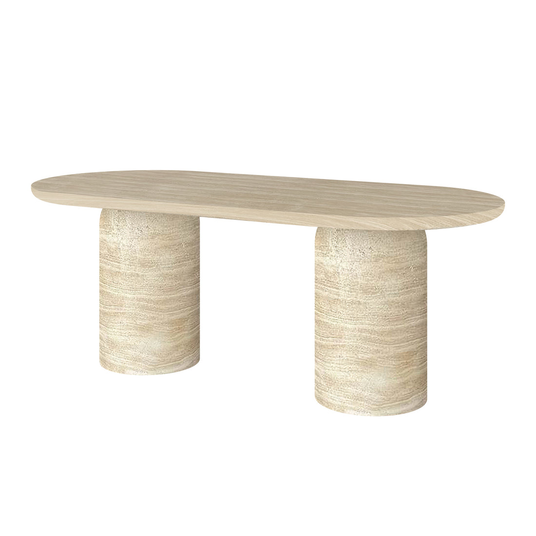 Tierre 200cm Concrete Indoor/Outdoor Dining Table in Beige, showcasing a minimalist design with a smooth, light wood top and chunky cylindrical pedestal legs in a textured, pale stone finish.