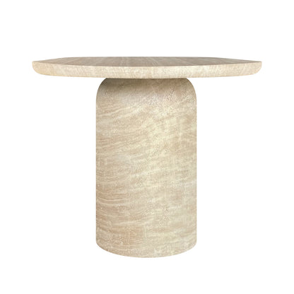 Tierre 200cm Round Outdoor Concrete Dining Table in Beige, featuring a simple, modern design with a round travertine-like tabletop and a thick cylindrical base, ideal for stylish indoor or covered outdoor settings.