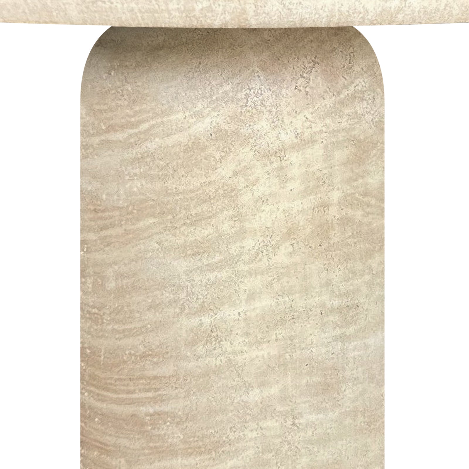 Close-up of the Tierre 200cm Round Outdoor Concrete Dining Table in Beige, showcasing the textured stone surface with natural veins on the cylindrical shaft and round top, emphasizing its sleek, durable design.