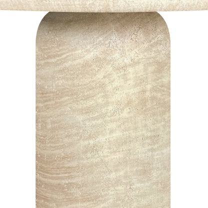 Close-up of the Tierre 200cm Round Outdoor Concrete Dining Table in Beige, showcasing the textured stone surface with natural veins on the cylindrical shaft and round top, emphasizing its sleek, durable design.