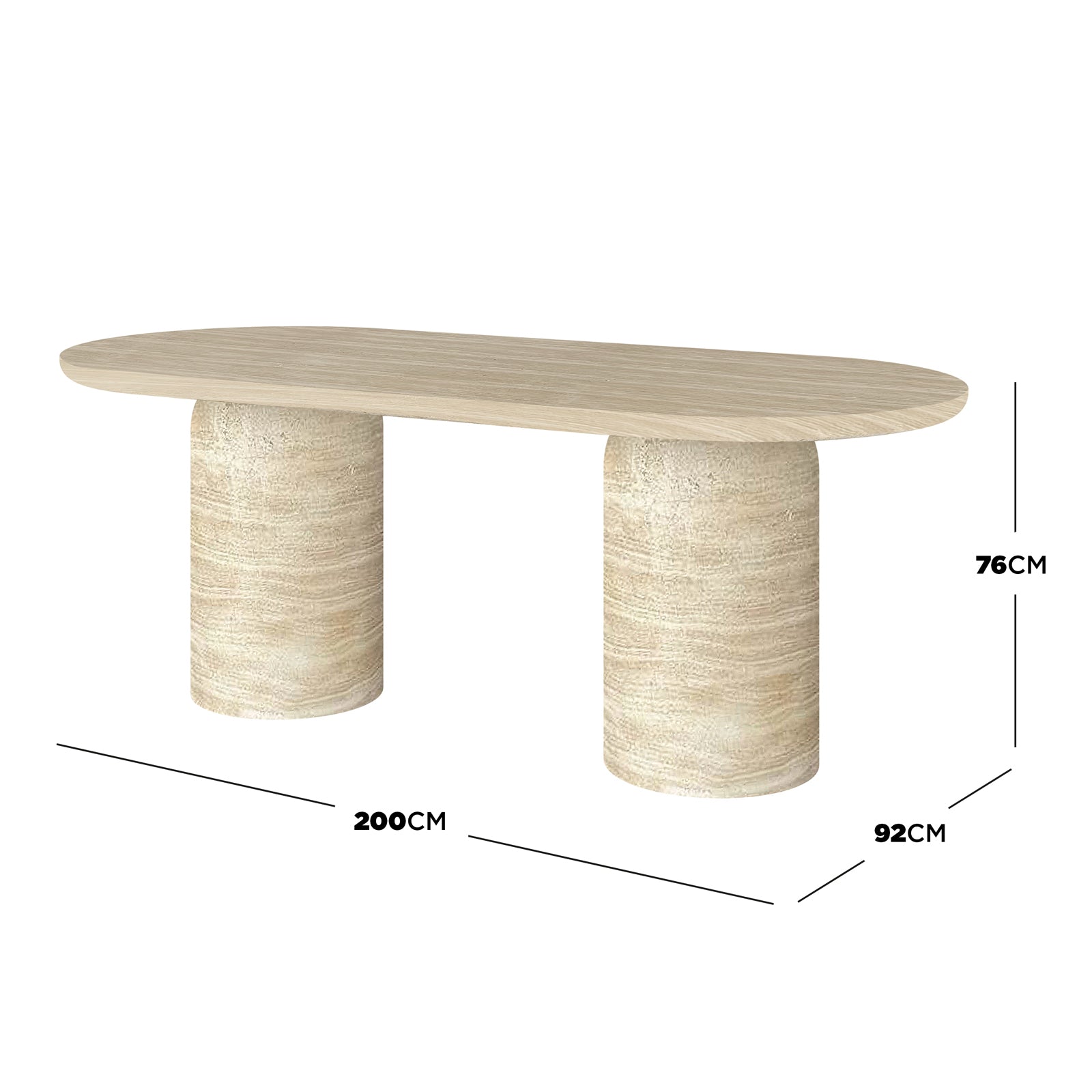 Tierre 200cm Concrete Indoor/Outdoor Dining Table in Beige, featuring a modern oval top and dual cylindrical pedestals, showcasing dimensions: 200cm length, 92cm depth, 76cm height.