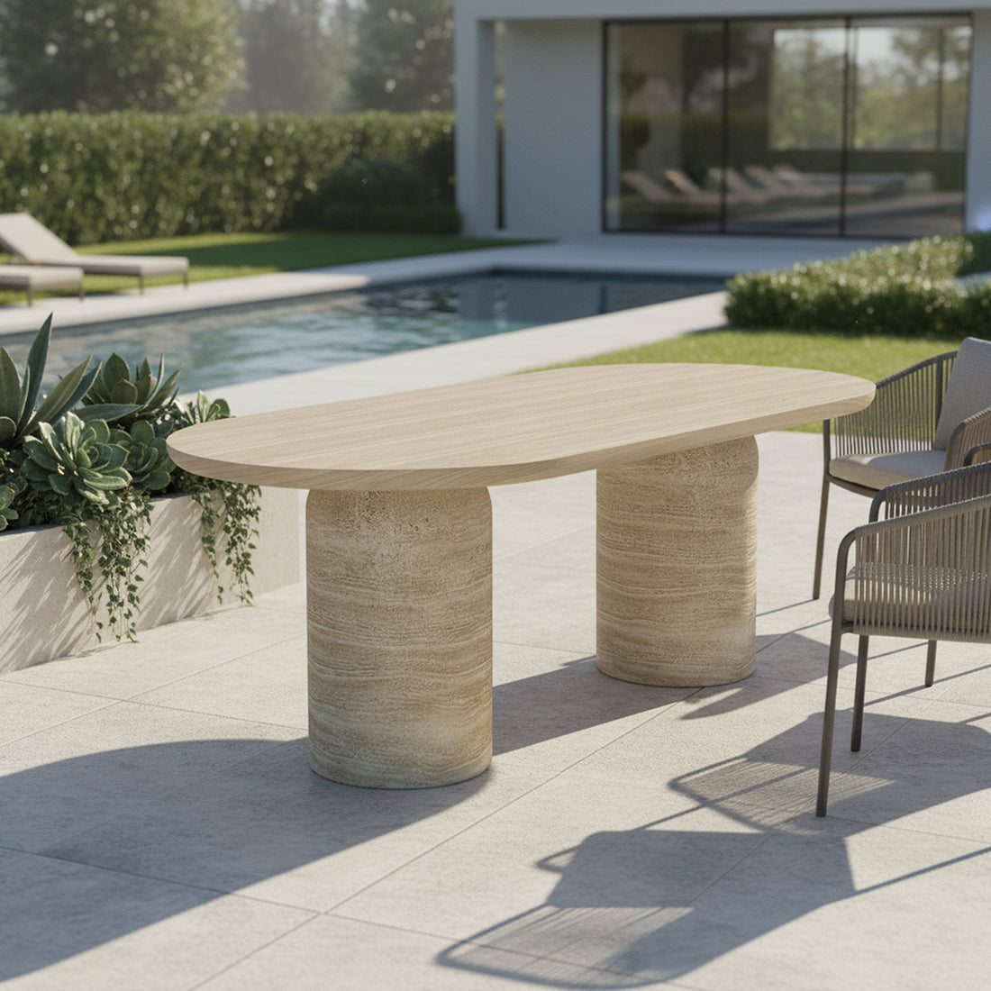 Tierre 200cm Concrete Outdoor Dining Table in Beige with an oval top and chunky cylindrical stone bases, set in a modern patio scene beside a pool with minimalist lounge chairs.