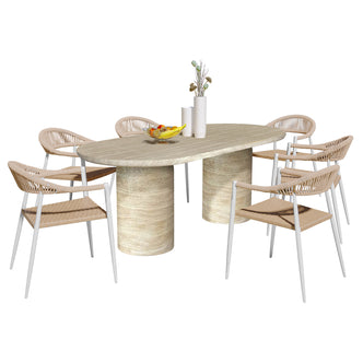 Tierre & Nemma 6 Seater Outdoor Concrete Dining Set in Beige features an oval tabletop, cylindrical bases, six chairs with woven seats, and a decorative vase with branches on the table.