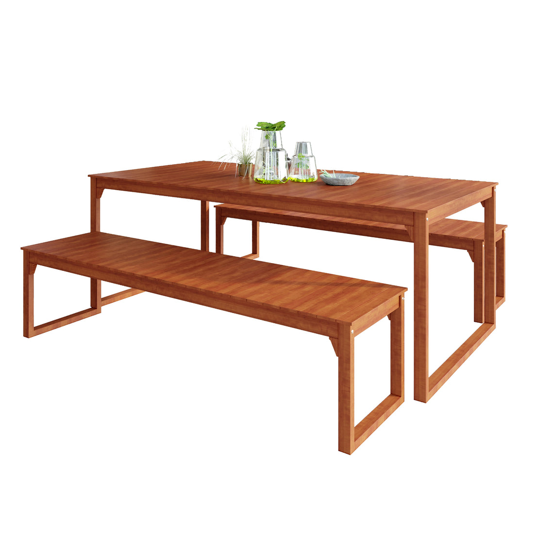 Trinity 8 Seater Hardwood Outdoor Dining Bench Set in Natural features a modern wooden table with two matching benches, one pulled out. Decorative glass vessels with plants adorn the tabletop.