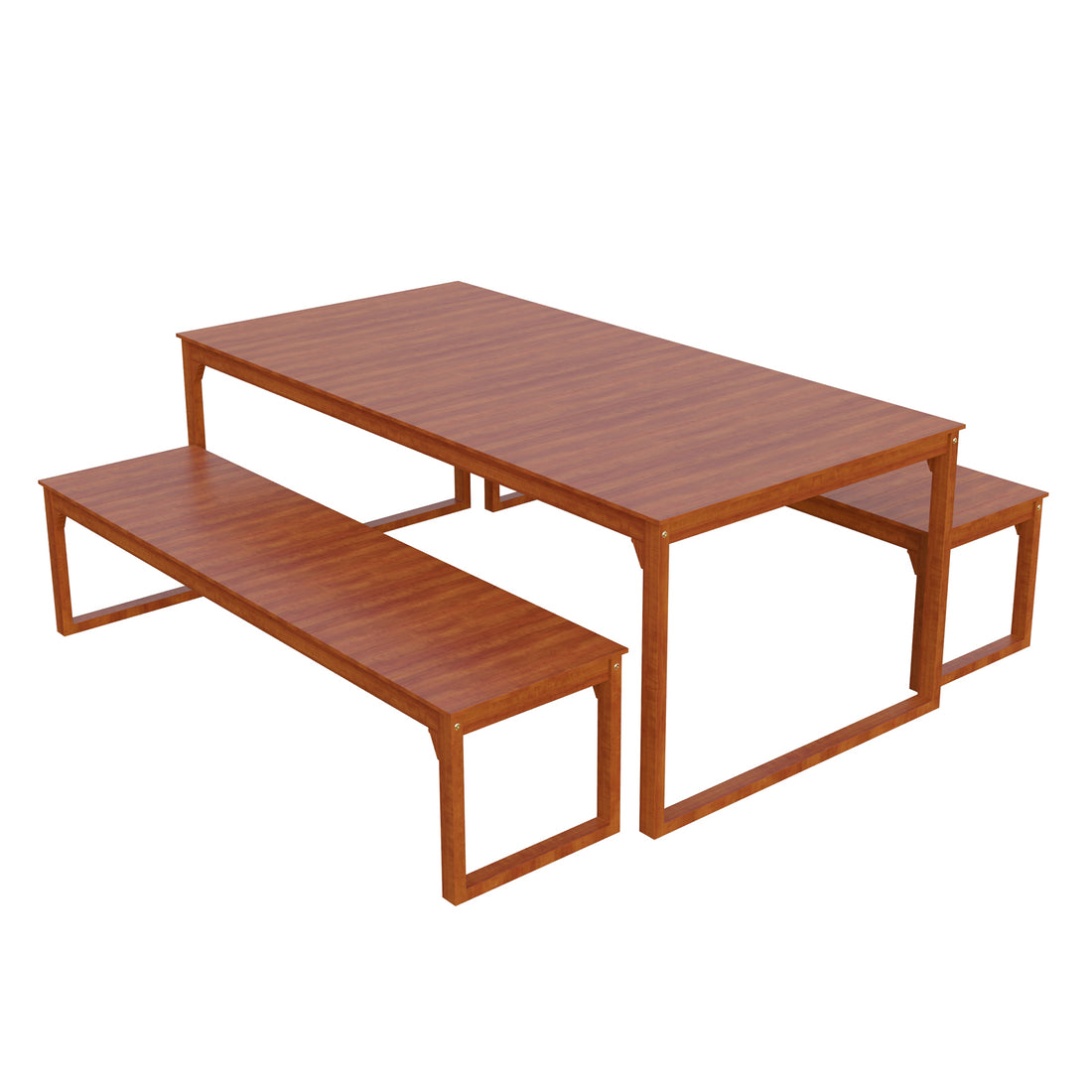 Trinity 8 Seater Hardwood Outdoor Dining Bench Set in Natural, featuring a long rectangular tabletop and two matching benches, all with warm wood finish and open-frame legs, ideal for outdoor dining.