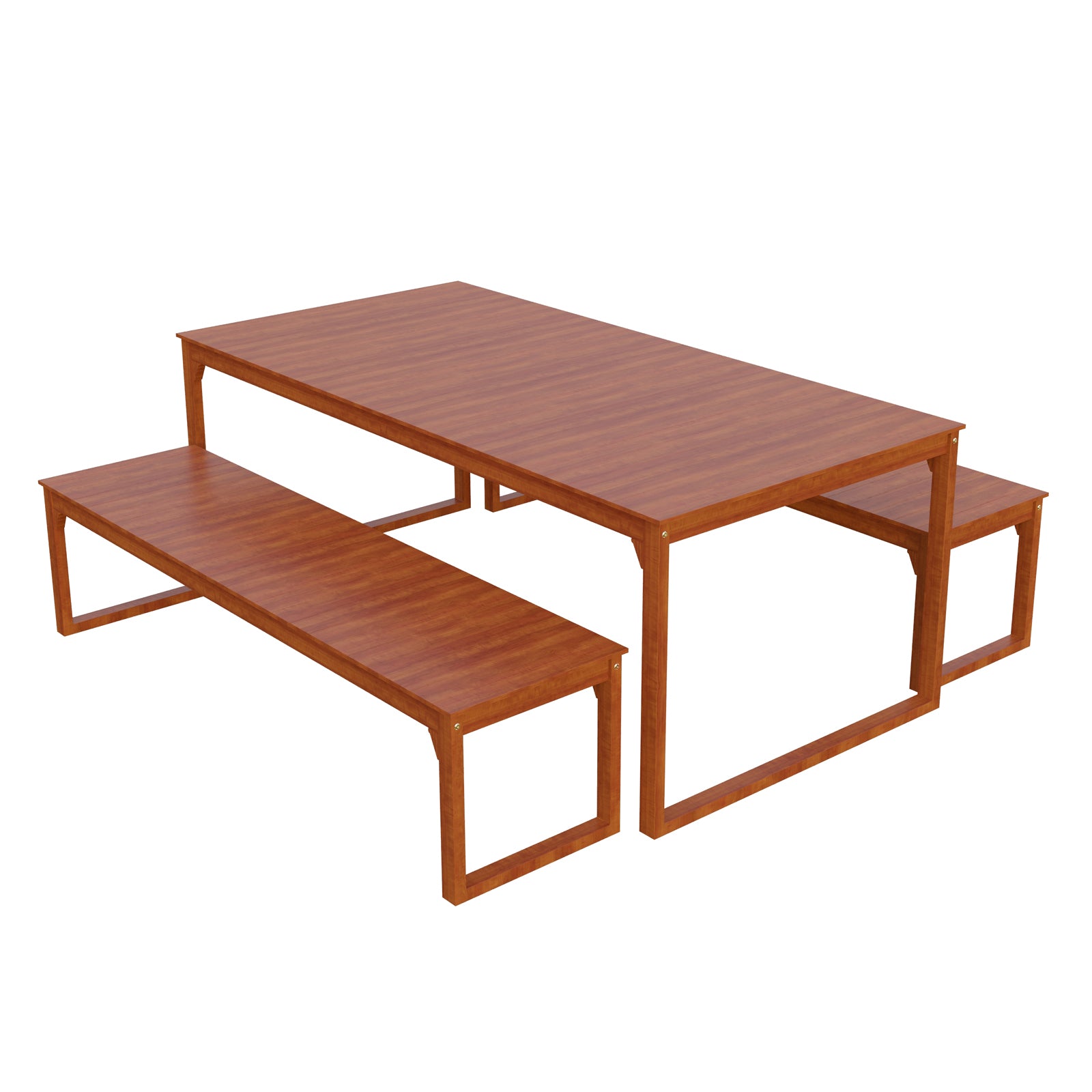 Trinity 8 Seater Hardwood Outdoor Dining Bench Set in Natural, featuring a long rectangular tabletop and two matching benches, all with warm wood finish and open-frame legs, ideal for outdoor dining.