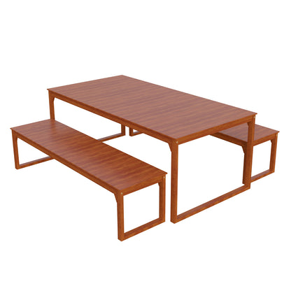 Trinity 8 Seater Hardwood Outdoor Dining Bench Set in Natural, featuring a long rectangular tabletop and two matching benches, all with warm wood finish and open-frame legs, ideal for outdoor dining.