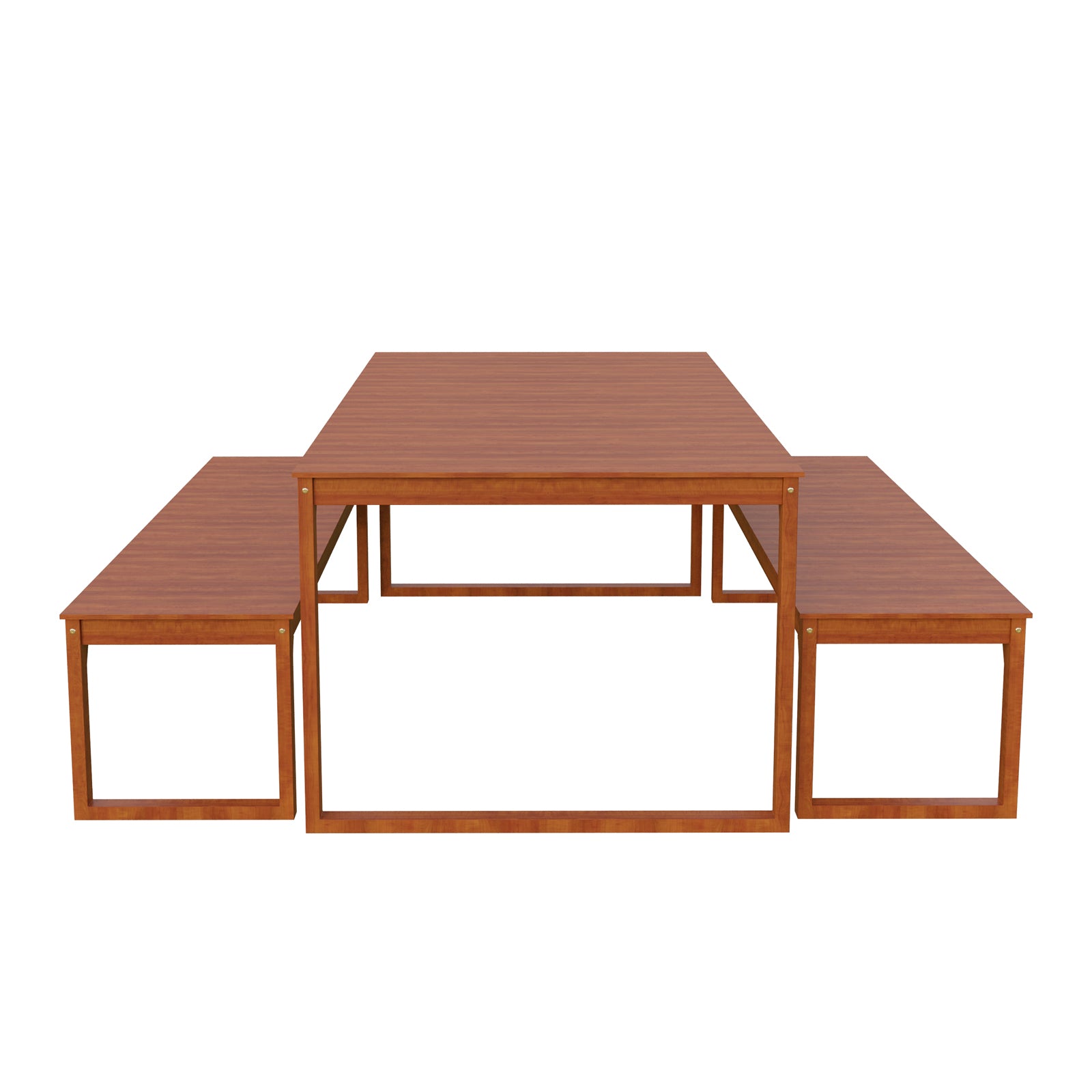 Trinity 8 Seater Hardwood Outdoor Dining Bench Set in Natural features a modular design with one large rectangular table and two smaller nested tables, showcasing a wood-grain finish on a simple background.