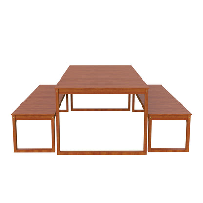 Trinity 8 Seater Hardwood Outdoor Dining Bench Set in Natural features a modular design with one large rectangular table and two smaller nested tables, showcasing a wood-grain finish on a simple background.