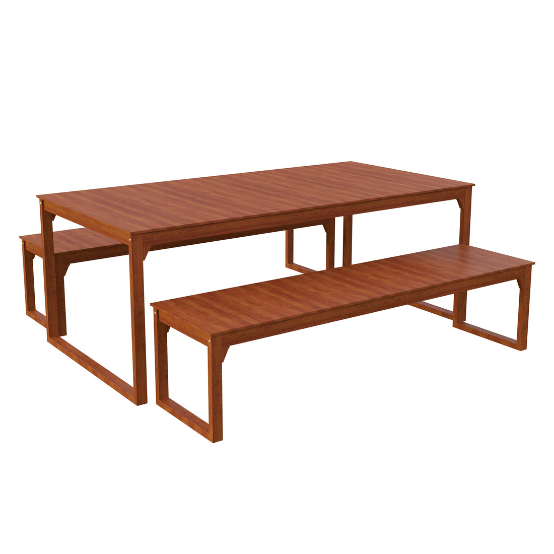 Trinity 8 Seater Hardwood Outdoor Dining Bench Set in Natural, featuring a long rectangular table and two matching benches with a warm wood-grain finish and minimalist open-frame leg design.