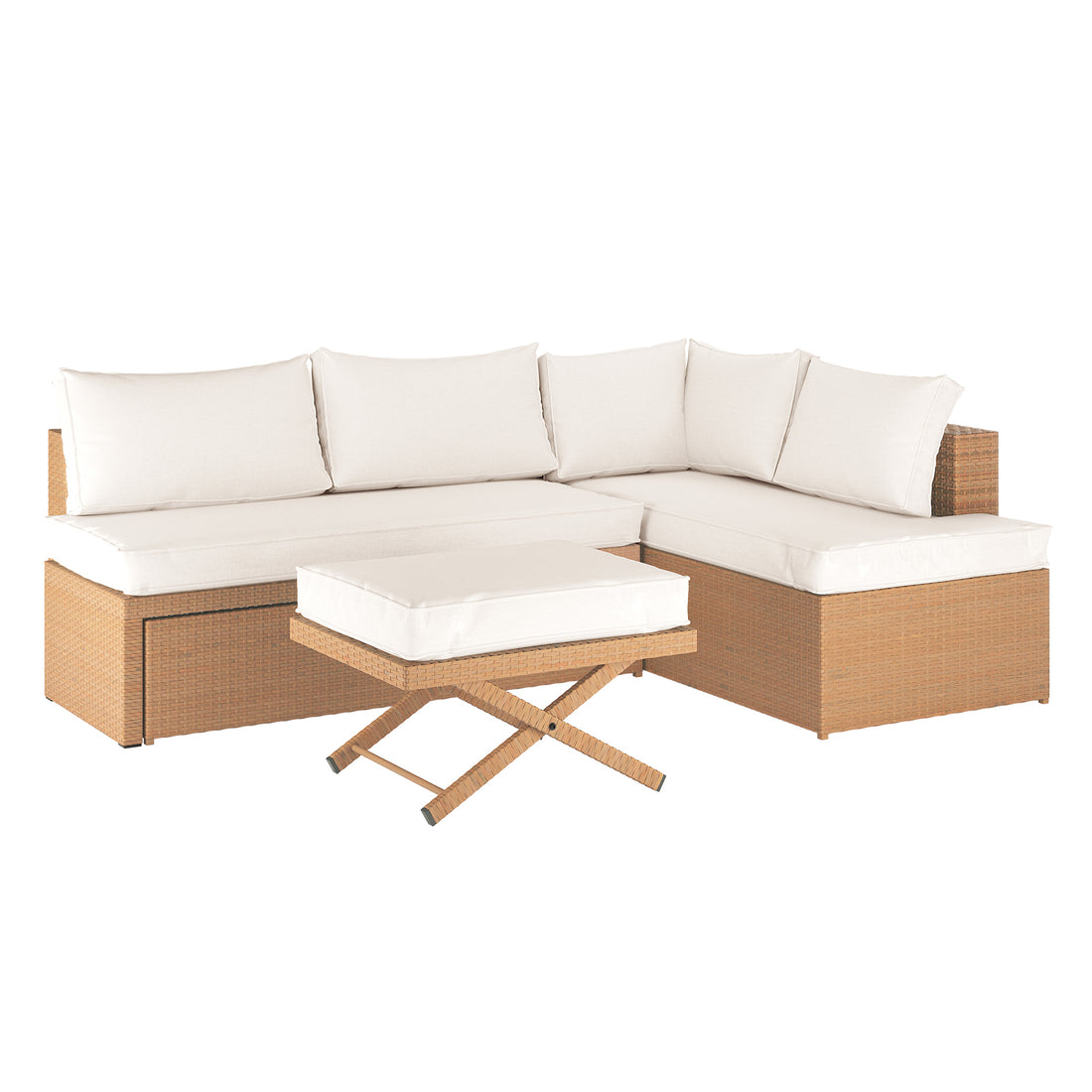 Tybee 4 Seater Rattan Outdoor Sofa Set in Cream White, featuring light tan wicker, white cushions, and a matching cushioned ottoman, showcasing its modular seating arrangement for versatile outdoor comfort.