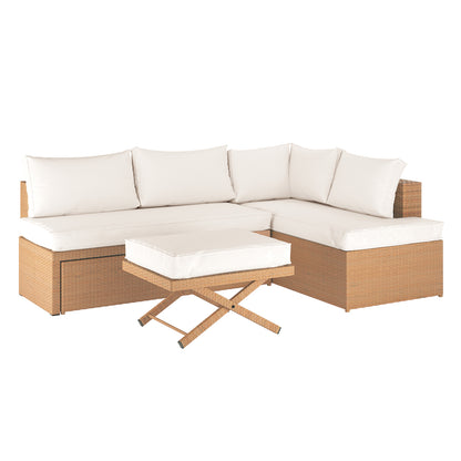 Tybee 4 Seater Rattan Outdoor Sofa Set in Cream White, featuring light tan wicker, white cushions, and a matching cushioned ottoman, showcasing its modular seating arrangement for versatile outdoor comfort.