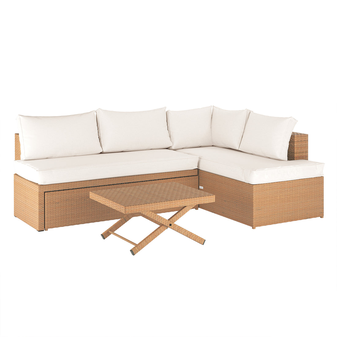 Tybee 4 Seater Rattan Outdoor Sofa Set in Cream White, featuring an L-shaped synthetic wicker design with off-white cushions and a matching wicker coffee table with crossed “X”-style legs.