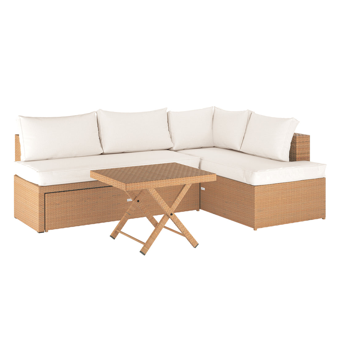 Tybee 4 Seater Rattan Outdoor Sofa Set in Cream White featuring an L-shaped sectional sofa with off-white cushions and a matching fold-up coffee table, showcasing a woven rattan design in light brown.