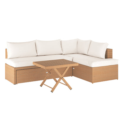 Tybee 4 Seater Rattan Outdoor Sofa Set in Cream White featuring an L-shaped sectional sofa with off-white cushions and a matching fold-up coffee table, showcasing a woven rattan design in light brown.