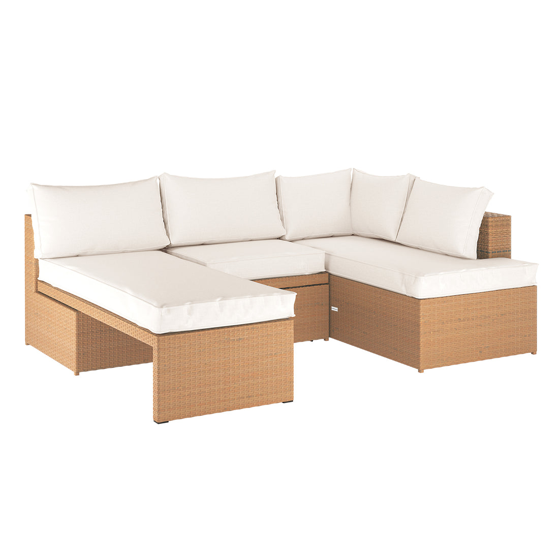 Tybee 4 Seater Rattan Outdoor Sofa Set in Cream White, featuring an L-shaped wicker design with beige cushions, includes a chaise lounge, corner seat, and ottoman, ideal for versatile outdoor seating.
