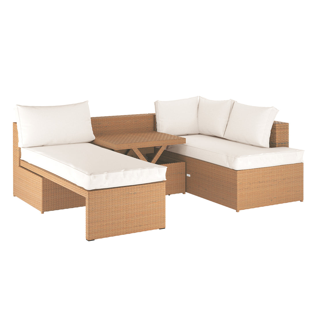 Tybee 4 Seater Rattan Outdoor Sofa Set in Cream White, showcasing a light brown modular wicker L-shaped design with off-white cushions, featuring a chaise lounge, bench seat, and central fold-up tabletop.