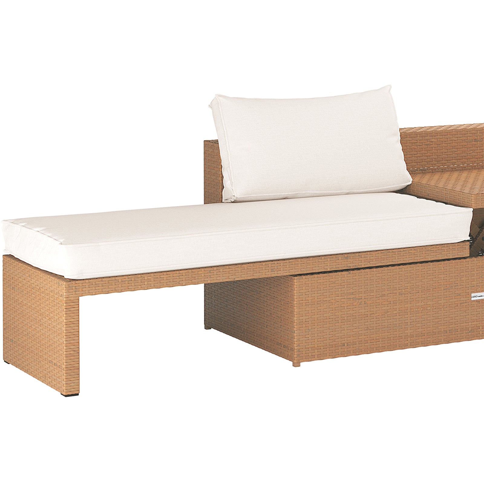 Tybee 4 Seater Rattan Outdoor Sofa Set in Cream White featuring a modular wicker bench with white seat and back cushions, showcasing a sleek, versatile design ideal for outdoor lounging.
