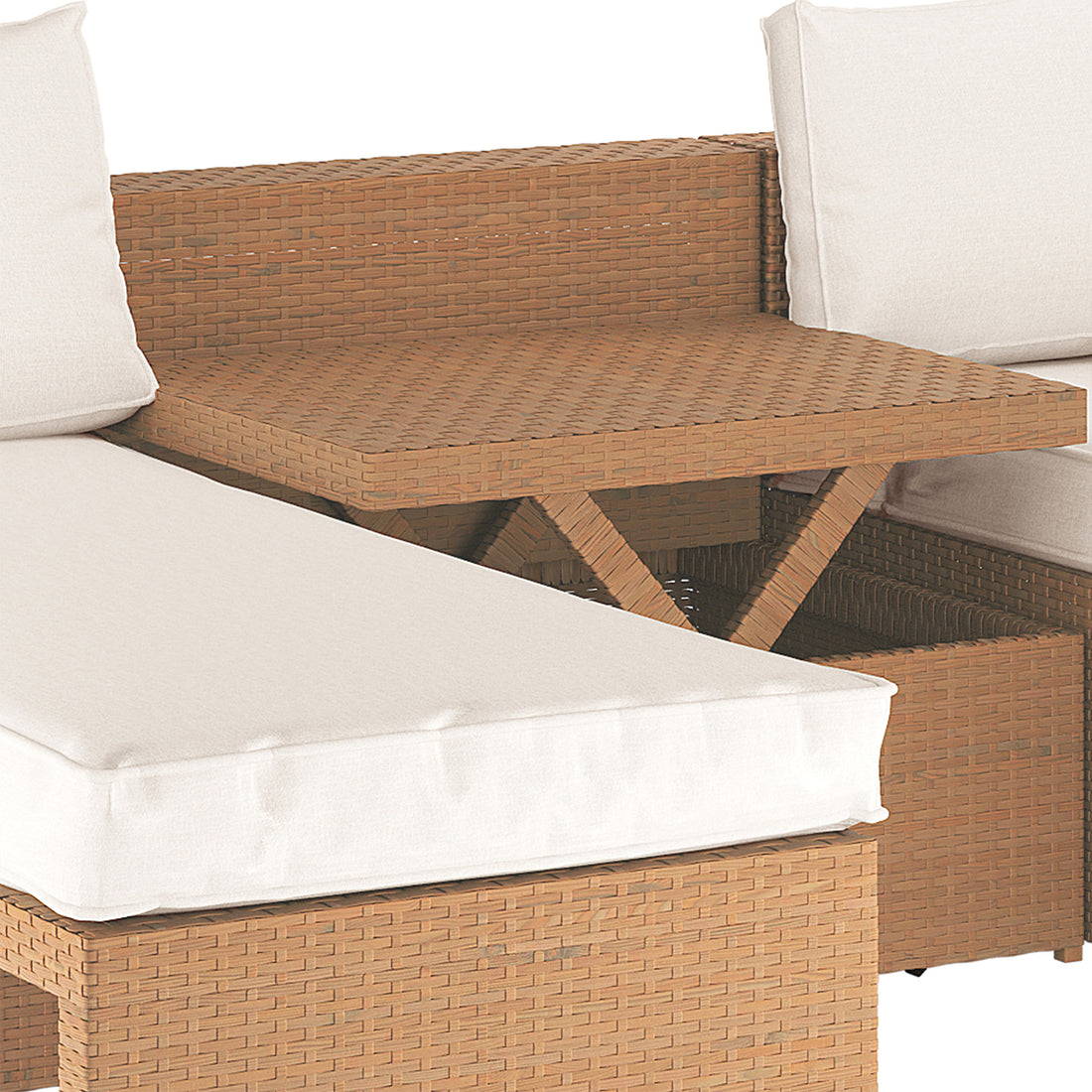 Tybee 4 Seater Rattan Outdoor Sofa Set in Cream White features a woven rattan frame with off-white cushions and a lift-top table with hidden storage and X-frame hinge, showcasing modular versatility.