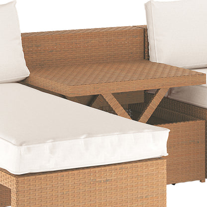 Tybee 4 Seater Rattan Outdoor Sofa Set in Cream White features a woven rattan frame with off-white cushions and a lift-top table with hidden storage and X-frame hinge, showcasing modular versatility.