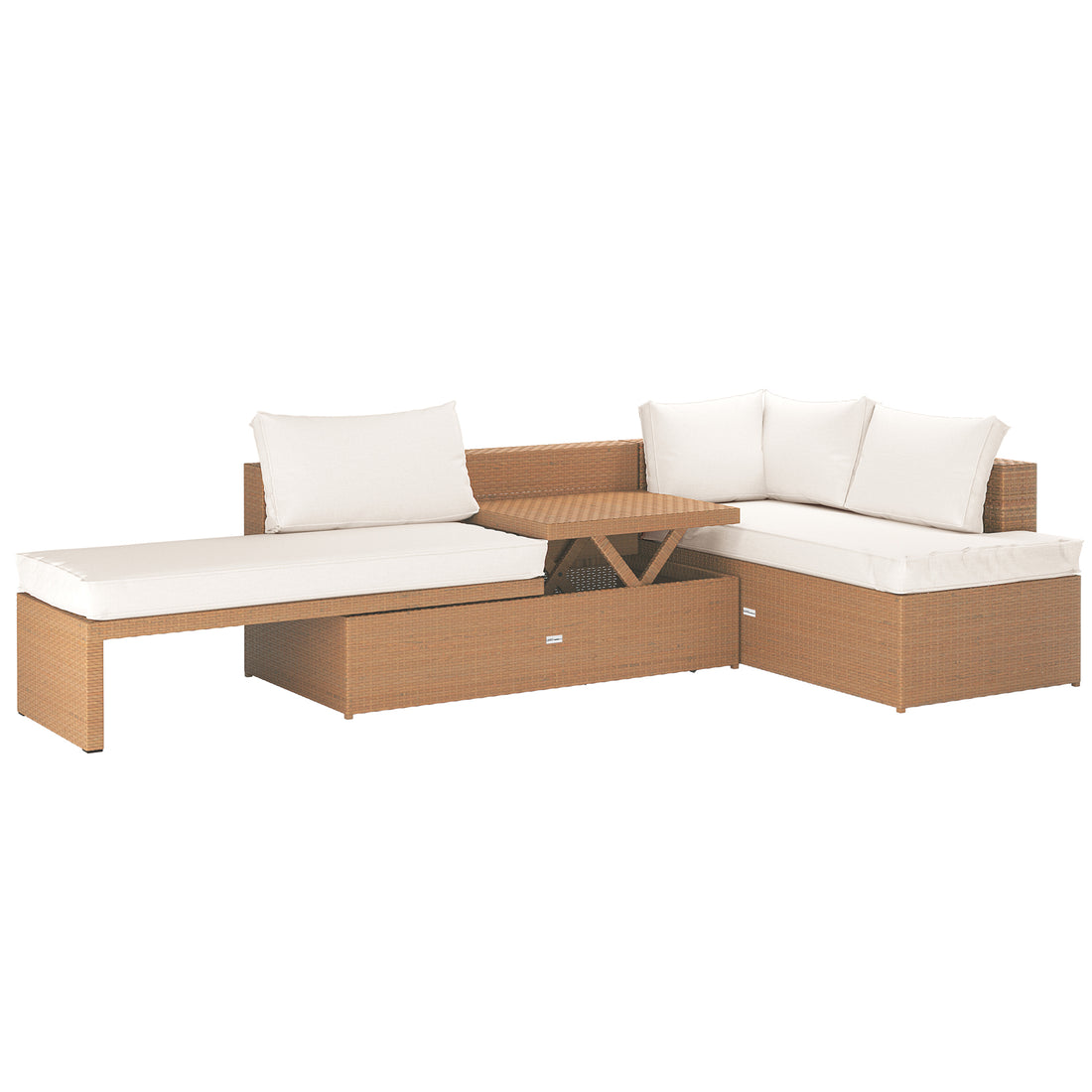 Tybee 4 Seater Rattan Outdoor Sofa Set in Cream White features a modular design with a chaise, storage table, and corner sofa, showcasing woven rattan style with plush cushions.