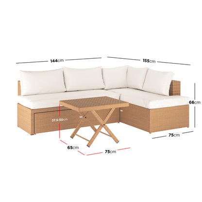 Tybee 4 Seater Rattan Outdoor Sofa Set in Cream White featuring an L-shaped design, off-white cushions, and a folding rattan coffee table with adjustable height, emphasizing style and modular versatility.