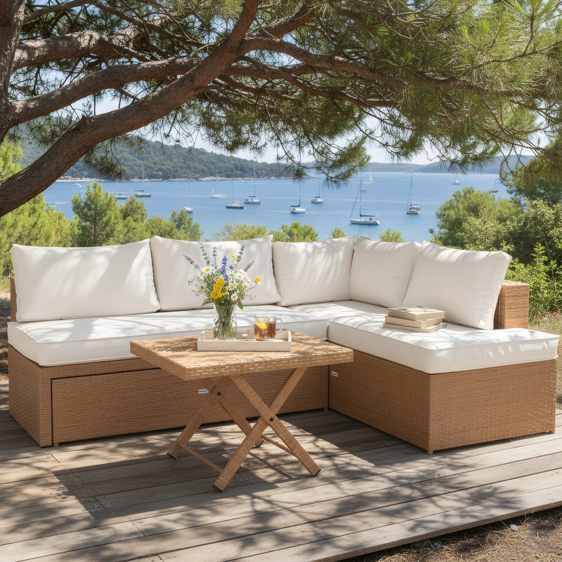 Tybee 4 Seater Rattan Outdoor Sofa Set in Cream White
